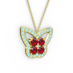 Kelebek Kolye - Akuamarin ve garnet 18 ayar altın kolye (40 cm altın rolo zincir) #1swve7a