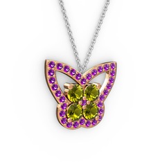 Ametist ve peridot 8 ayar rose altın kolye (40 cm beyaz altın rolo zincir)