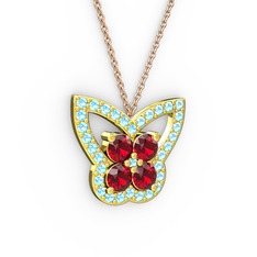 Kelebek Kolye - Akuamarin ve garnet 8 ayar altın kolye (40 cm gümüş rolo zincir) #1t1qzl3