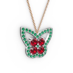 Kelebek Kolye - Yeşil kuvars ve garnet 18 ayar beyaz altın kolye (40 cm rose altın rolo zincir) #1t2i077