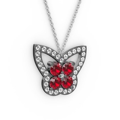 Pırlanta ve garnet 925 ayar siyah rodyum kaplama gümüş kolye (0.48 karat, 40 cm gümüş rolo zincir)