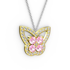 Swarovski ve pembe kuvars 18 ayar altın kolye (40 cm gümüş rolo zincir)