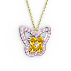 Kelebek Kolye - Pembe kuvars ve sitrin 8 ayar beyaz altın kolye (40 cm altın rolo zincir) #1to71x5