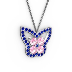 Lab safir ve pembe kuvars 18 ayar beyaz altın kolye (40 cm gümüş rolo zincir)