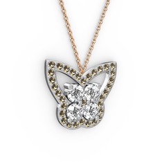 Kelebek Kolye - Dumanlı kuvars ve swarovski 8 ayar beyaz altın kolye (40 cm rose altın rolo zincir) #1u0lhul