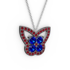 Kelebek Kolye - Garnet ve lab safir 925 ayar siyah rodyum kaplama gümüş kolye (40 cm beyaz altın rolo zincir) #1ul7srx