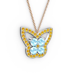 Kelebek Kolye - Sitrin ve akuamarin 925 ayar gümüş kolye (40 cm rose altın rolo zincir) #1upv8fk