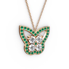 Kelebek Kolye - Kök zümrüt ve beyaz zirkon 925 ayar rose altın kaplama gümüş kolye (40 cm rose altın rolo zincir) #1ursmf7