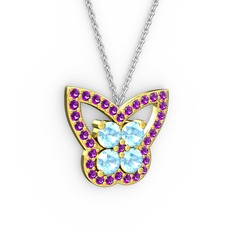 Kelebek Kolye - Ametist ve akuamarin 925 ayar altın kaplama gümüş kolye (40 cm gümüş rolo zincir) #1vd0th3