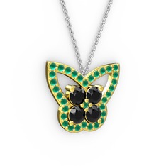 Kelebek Kolye - Kök zümrüt ve siyah zirkon 14 ayar altın kolye (40 cm beyaz altın rolo zincir) #1vjihht