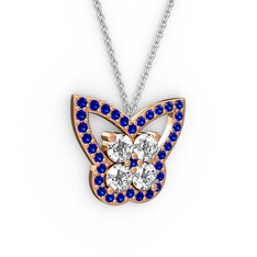 Lab safir ve beyaz zirkon 8 ayar rose altın kolye (40 cm beyaz altın rolo zincir)