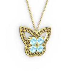 Dumanlı kuvars ve akuamarin 18 ayar altın kolye (40 cm gümüş rolo zincir)