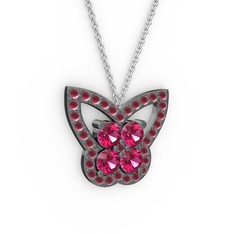Kelebek Kolye - Kök yakut ve rodolit garnet 925 ayar siyah rodyum kaplama gümüş kolye (40 cm beyaz altın rolo zincir) #1xazpoj