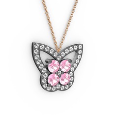 Kelebek Kolye - Beyaz zirkon ve pembe kuvars 925 ayar siyah rodyum kaplama gümüş kolye (40 cm rose altın rolo zincir) #1xyu4l6