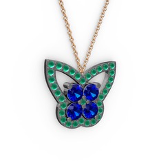 Kelebek Kolye - Kök zümrüt ve lab safir 925 ayar siyah rodyum kaplama gümüş kolye (40 cm gümüş rolo zincir) #1y4k50h
