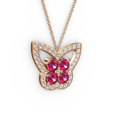 Pırlanta ve rodolit garnet 925 ayar rose altın kaplama gümüş kolye (0.48 karat, 40 cm rose altın rolo zincir)