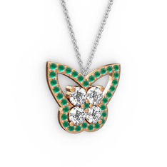 Kök zümrüt ve beyaz zirkon 8 ayar rose altın kolye (40 cm beyaz altın rolo zincir)