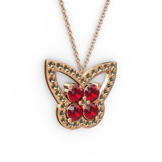 Kelebek Kolye - Dumanlı kuvars ve garnet 18 ayar rose altın kolye (40 cm rose altın rolo zincir) #2cgvkq
