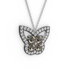 Kelebek Kolye - Pırlanta ve dumanlı kuvars 925 ayar siyah rodyum kaplama gümüş kolye (0.48 karat, 40 cm beyaz altın rolo zincir) #2dehyf