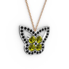 Kelebek Kolye - Siyah zirkon ve peridot 925 ayar gümüş kolye (40 cm rose altın rolo zincir) #2k0y85