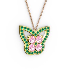 Kelebek Kolye - Kök zümrüt ve pembe kuvars 925 ayar altın kaplama gümüş kolye (40 cm rose altın rolo zincir) #2zode2