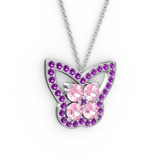 Kelebek Kolye - Ametist ve pembe kuvars 18 ayar beyaz altın kolye (40 cm beyaz altın rolo zincir) #38oz5v