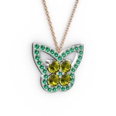 Kelebek Kolye - Yeşil kuvars ve peridot 14 ayar beyaz altın kolye (40 cm rose altın rolo zincir) #3dd8r4