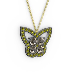 Kelebek Kolye - Peridot ve dumanlı kuvars 925 ayar siyah rodyum kaplama gümüş kolye (40 cm altın rolo zincir) #3j031