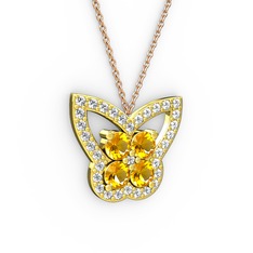 Kelebek Kolye - Beyaz zirkon ve sitrin 18 ayar altın kolye (40 cm rose altın rolo zincir) #3ts75l