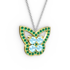 Kelebek Kolye - Kök zümrüt ve akuamarin 18 ayar altın kolye (40 cm beyaz altın rolo zincir) #3wktlk