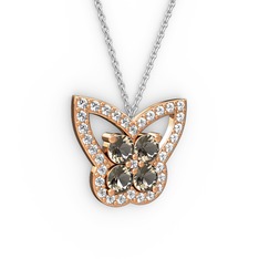 Kelebek Kolye - Swarovski ve dumanlı kuvars 8 ayar rose altın kolye (40 cm beyaz altın rolo zincir) #3zkk1y