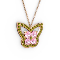 Kelebek Kolye - Peridot ve pembe kuvars 14 ayar rose altın kolye (40 cm rose altın rolo zincir) #432wnc