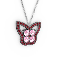 Kelebek Kolye - Garnet ve pembe kuvars 925 ayar siyah rodyum kaplama gümüş kolye (40 cm beyaz altın rolo zincir) #4ktgj5