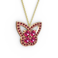 Kelebek Kolye - Kök yakut ve rodolit garnet 8 ayar rose altın kolye (40 cm gümüş rolo zincir) #4lqah4