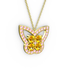 Pembe kuvars ve sitrin 18 ayar altın kolye (40 cm altın rolo zincir)