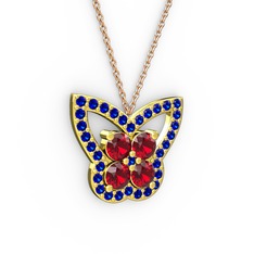 Kelebek Kolye - Lab safir ve garnet 14 ayar altın kolye (40 cm rose altın rolo zincir) #4z8mq