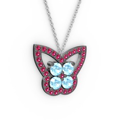 Kelebek Kolye - Rodolit garnet ve akuamarin 925 ayar siyah rodyum kaplama gümüş kolye (40 cm gümüş rolo zincir) #51ue60