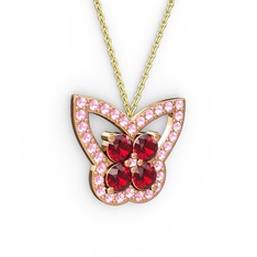 Kelebek Kolye - Pembe kuvars ve garnet 18 ayar rose altın kolye (40 cm altın rolo zincir) #53uxmf