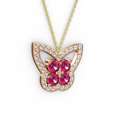Kelebek Kolye - Pırlanta ve rodolit garnet 925 ayar rose altın kaplama gümüş kolye (0.48 karat, 40 cm gümüş rolo zincir) #561hch