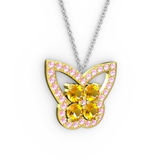 Kelebek Kolye - Pembe kuvars ve sitrin 14 ayar altın kolye (40 cm beyaz altın rolo zincir) #5lzrxe