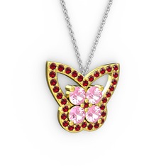 Kelebek Kolye - Garnet ve pembe kuvars 14 ayar altın kolye (40 cm gümüş rolo zincir) #66jiay