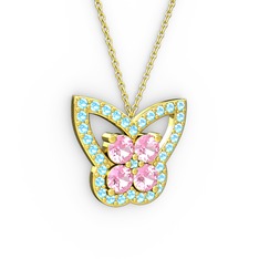 Akuamarin ve pembe kuvars 925 ayar altın kaplama gümüş kolye (40 cm altın rolo zincir)