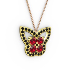 Kelebek Kolye - Siyah zirkon ve garnet 14 ayar altın kolye (40 cm rose altın rolo zincir) #6stsb