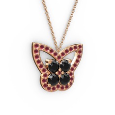 Kelebek Kolye - Kök yakut ve siyah zirkon 14 ayar rose altın kolye (40 cm gümüş rolo zincir) #6zdedm