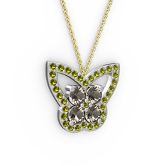 Kelebek Kolye - Peridot ve dumanlı kuvars 18 ayar beyaz altın kolye (40 cm altın rolo zincir) #8r9sh9
