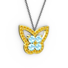 Kelebek Kolye - Sitrin ve akuamarin 14 ayar altın kolye (40 cm gümüş rolo zincir) #90n1sg