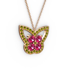 Kelebek Kolye - Peridot ve rodolit garnet 8 ayar rose altın kolye (40 cm gümüş rolo zincir) #97j5zt