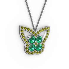 Peridot ve yeşil kuvars 18 ayar beyaz altın kolye (40 cm gümüş rolo zincir)