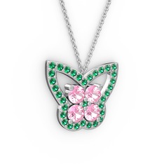 Yeşil kuvars ve pembe kuvars 14 ayar beyaz altın kolye (40 cm beyaz altın rolo zincir)