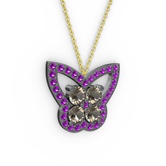 Kelebek Kolye - Ametist ve dumanlı kuvars 925 ayar siyah rodyum kaplama gümüş kolye (40 cm altın rolo zincir) #9vf3am